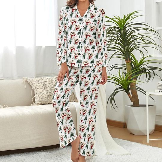 Discover Shih Tzu Pajama Set - Adorable Dog Pattern Long-Sleeve Women's Sleepwear with Button-Up Top and Pants - Perfect Gift for Her, Cozy LoungeSet