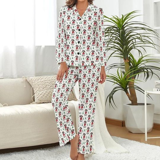 German Shorthaired Pointer Christmas Pajamas  GSP Dog PJs with Red Scarf, Holiday Trees and Snowy Winter Forest Festive Sleepwear