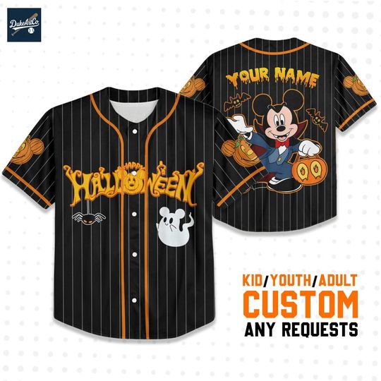 Custom Disney Halloween Mickey Ghost Black Baseball Jersey, Personalized Name&Number, Disneyland Halloween Oufits, Birthday Gift for Kid