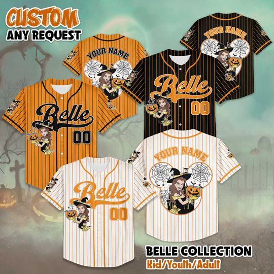 Discover Custom Belle Halloween Baseball Jersey, Custom Disney Princess Belle Shirt, Disneyland Halloween Team Outfit, Spooky Disney Gift