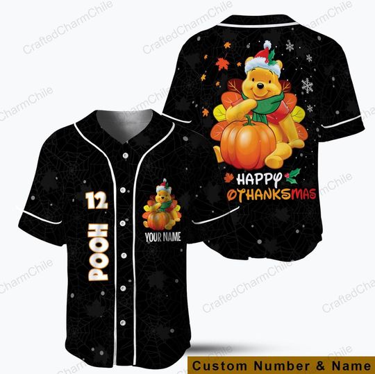Pooh Hallothanksmas Baseball Jersey, Disneyland Matching shirt for Family Trip, Halloween Thanksgiving Xmas Tee Kid Youth Baseball Size
