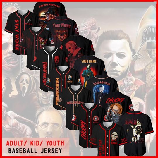 Discover Horror Halloween Jersey, The Slayers, Retro Halloween, Horror Movie Characters Halloween, Halloween HN 2025 Baseball Jersey