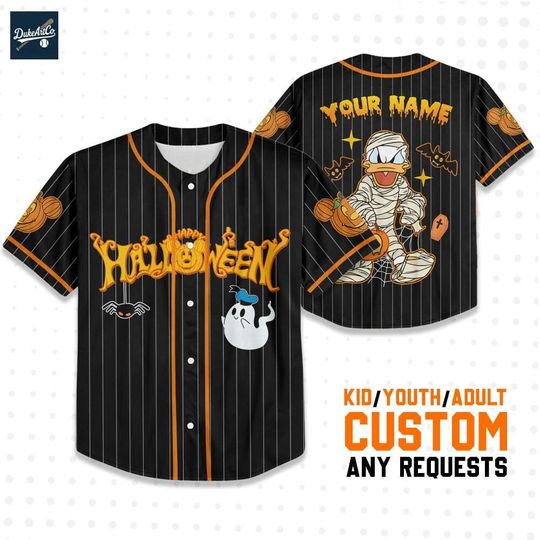 Custom Disney Halloween Donald Ghost Black Baseball Jersey, Personalized Name&Number, Disneyland Halloween Oufits, Birthday Gift for Kid