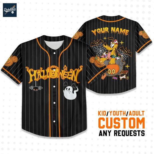 Discover Custom Disney Halloween Pluto Ghost Black Baseball Jersey, Personalized Name&Number, Disneyland Halloween Oufits, Birthday Gift for Kid