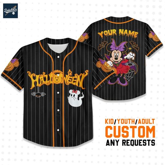 Custom Disney Halloween Minnie Ghost Black Baseball Jersey, Personalized Name&Number, Disneyland Halloween Oufits, Birthday Gift for Kid
