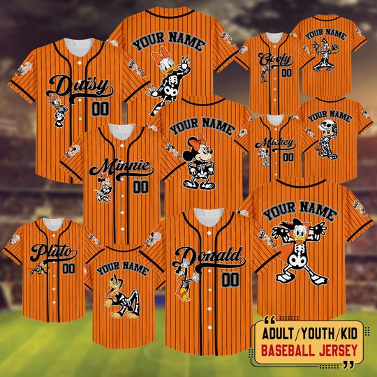 Discover Personalized Disney Mickey & Friends Halloween Orange Baseball Jersey, Custom Disney All Characters Jersey, Disneyland Family Trip Shirt