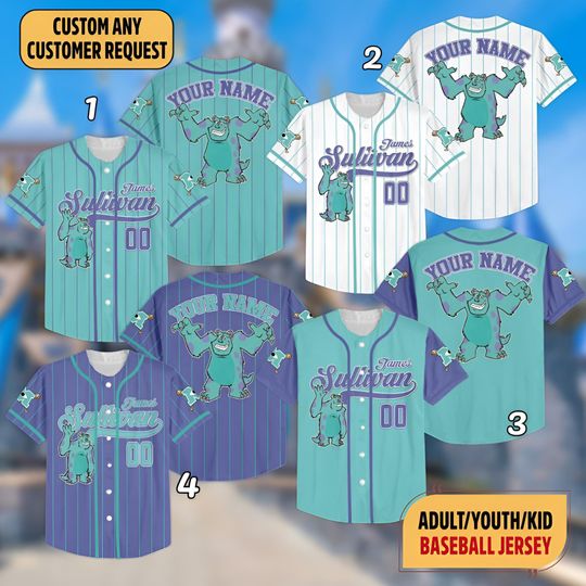 Custom Disney Monster Inc James Sullivan Cyan Simple Baseball Jersey, Personalized Monster Sulley Halloween Jersey, Disneyland Trip Shirt