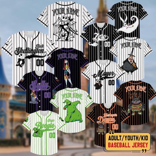 Discover Personalized Nightmare Before Christmas All Characters Baseball Jersey, Custom Jack Skellington Sally Oogie Boogie Shirt, Halloween Gifts