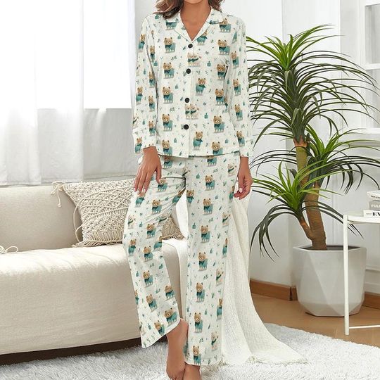 Pomeranian Christmas Pajamas, Womens Winter Sleepwear Set Cozy Dog Print PJs, Holiday Gift for Her Dog Mom Gift Pomeranian Lover Loungewear