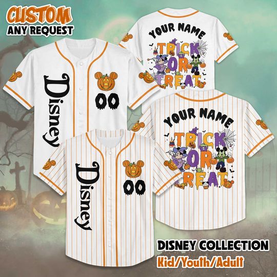 Discover Personalized Disney Trick or Treat Halloween Baseball Jersey, Custom Disney Mickey Mouse Shirt, Disney Halloween Jersey