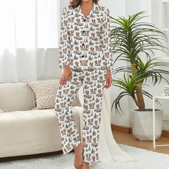 Paris Cavalier King Charles Spaniel Christmas Pajamas  Holiday Puppy Print PJs with Eiffel Tower & Gifts, Cozy Dog Lover Loungewear