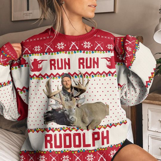 Run Run Rudolph Ugly Sweater - Personalized Christmas Gift for Dad, Grandpa, Husband, Hunter