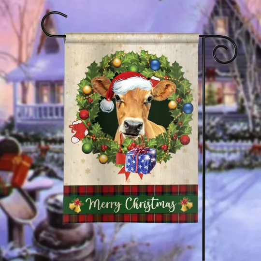 Cow Cattle Merry Christmas Flag, Cattle Christmas Wreath Flag, Cattle Xmas Flag