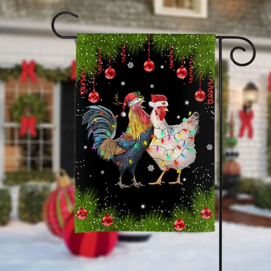 Chicken Merry Christmas Flag, Christmas Chicken Farmhouse Flag, Rooster Farm Flag