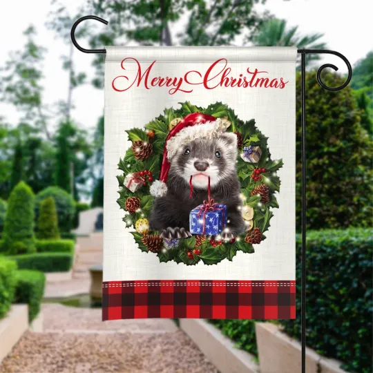 Discover Ferret Merry Christmas Flag, Ferret Christmas Wreath Flag, Ferret Xmas Flag