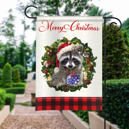 Discover Raccoon Merry Christmas Flag, Raccoon Christmas Wreath Flag, Raccoon Xmas Flag
