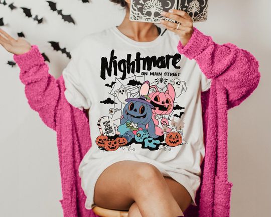 Discover Stitch and Angel Nightmare Tee, Disney Halloween T-shirt, Stitch Spooky Season Tee, Disney Nightmare Street Shirt, Angel Halloween Tee
