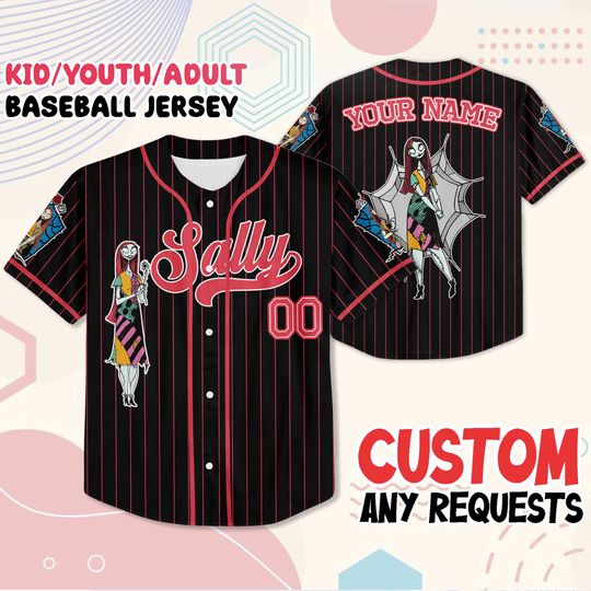 Discover Custom The Nightmare Before Christmas Sally Baseball Jersey, Personalized Name and Number, Halloween Cosplay Shirt, Family Matching Outfit