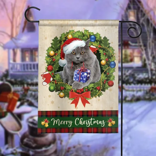 British Longhair Cat Merry Christmas Flag, British Cat Christmas Wreath Flag