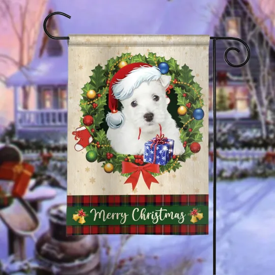 Discover West Highland White Terrier Dog Merry Christmas Flag Westie Dog Xmas Wreath Flag