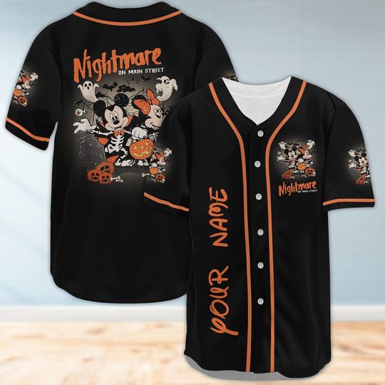 Discover Personalized Halloween Mickey Minnie Baseball Jersey Shirt, Disney Spooky Season Shirt, Nightmare On The Main Street Baseball Shirt