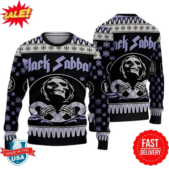Black Sabbath Band Death Skeleton Holding Candy Cane Ugly Sweater