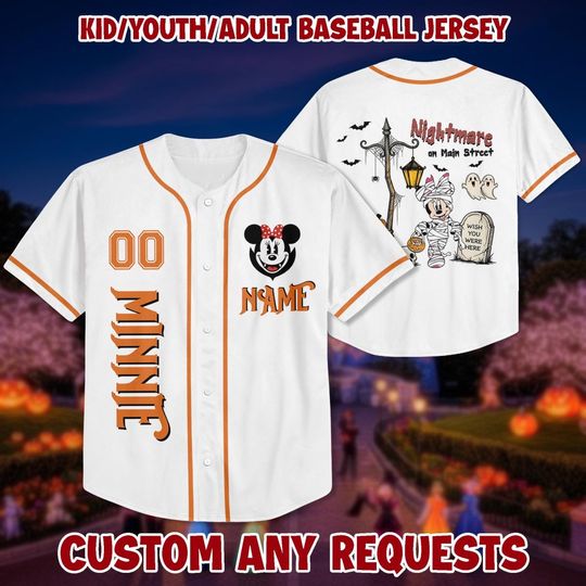 Discover Custom Minnie Halloween Jersey, Personalized Name Number Baseball Jersey, Disney Halloween Gift for Baseball Fan, Kids Youths Adults Jersey