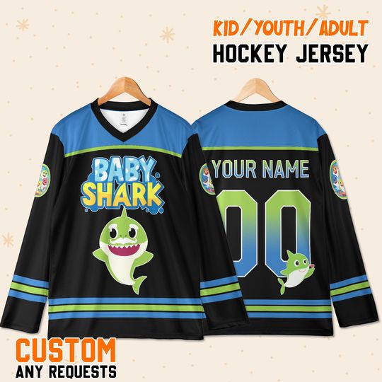 Baby Shark Hockey Jersey Custom Name and Number, Family Birthday Gift, Kids Youth Adult Party Outfit, Team Costume Shirt