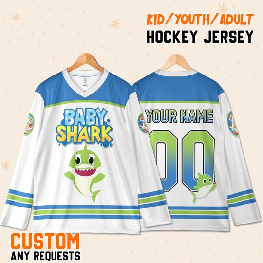 Discover Custom Baby Shark Hockey Jersey, Personalized Name & Number Shirt, Kids Youth Adult Family Matching Birthday Outfit