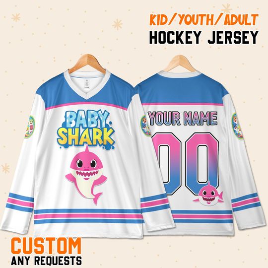 Discover Custom Baby Shark Jersey, Hockey Birthday Shirt, Personalized Family Matching Outfit, Kids Youth Adult Party Gift