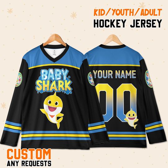 Discover Personalized Baby Shark Hockey Jersey, Birthday Party Outfit, Custom Family Shirt, Kids Youth Adult Gift