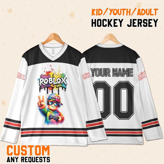 Discover Custom Roblox Hockey Jersey, Holiday Gift for Gamers, Personalized Roblox Shirt, Funny Birthday Party Outfit, Gaming Costume Tee