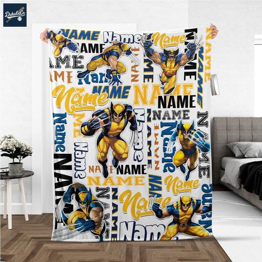 Personalize Name Wolverine Fleece Blanket, Birthday Gift, Baby Shower, Gift for Boy and Girl