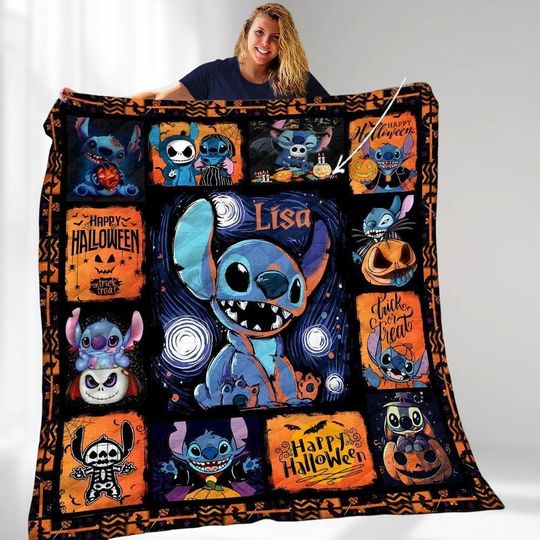 Custom Name Halloween Stitch Quilt, Ohana Mean Family Blanket, Spooky Disneyland Throw, Trick or Treat Bedding, Halloween Gift for Kids