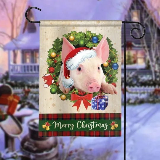 Pig Merry Christmas Flag, Pig Christmas Wreath Flag, Farmhouse Pig Xmas Flag