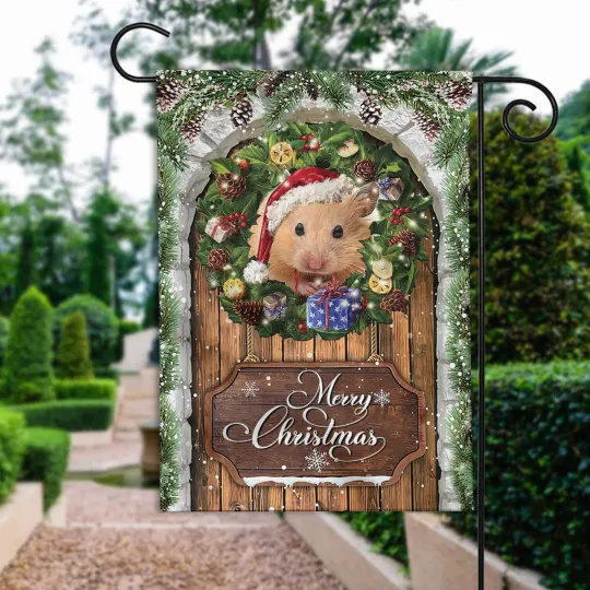 Hamster Merry Christmas Flag, Love Hamster Christmas Wreath Hamster Xmas Flag