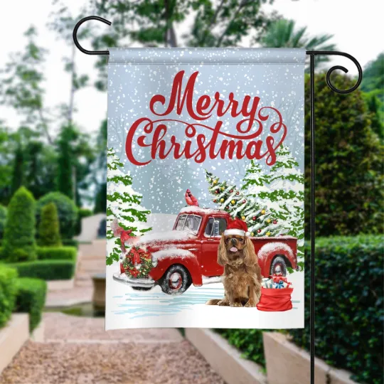 Cavalier King Charles Spaniel Dog Merry Christmas Flag, Dog Xmas Red Truck Flag