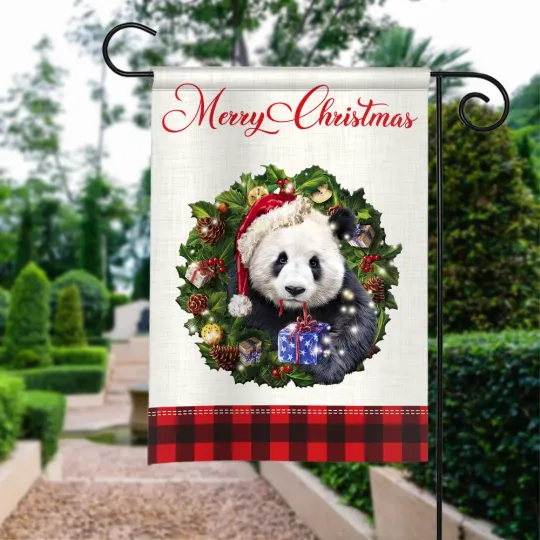 Panda Merry Christmas Flag, Panda Christmas Wreath Flag, Panda Xmas Flag