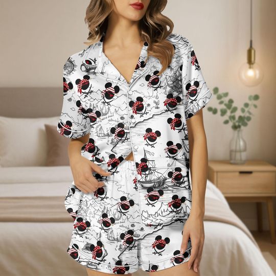 Discover Halloween Mickey Minnie Pirate Satin Pajamas Set, Disney Castle Map Pjs, Disney Halloween Pirate Short Sleepwear, Halloween Gift