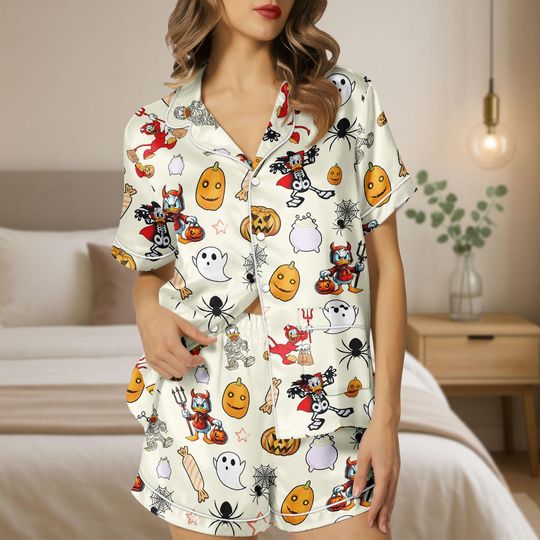 Halloween Donald Duck Pajamas Set, Cute Disney Pumpkin Pajamas, Cartoon Sleepwear for Women Kids, Halloween Spooky Season Pjs