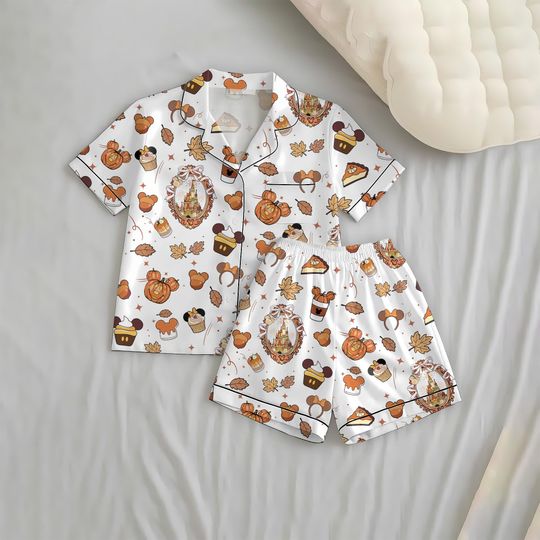 Fall WDW Cartoon Short Pajamas Set, MK Mn Pumpkin Mouse Sleepwear, Autumn Pattern Nightwear, Fall Gift, Magic Kingdom Homewear