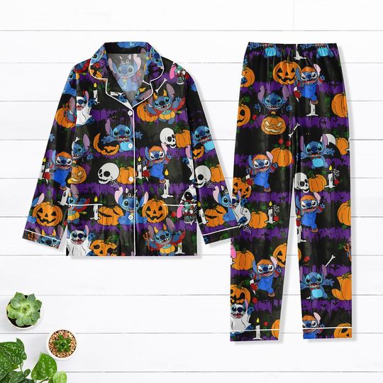 Discover Halloween Stitch Pajamas Set, Cute Cartoon Pumpkin Ghost Skull Pajamas, Disney Halloween Sleepwear, Halloween Gift For Mom, Kids