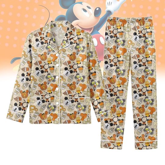 Discover Halloween Disney Snacks Long Satin Pajamas Set, Mickey Foodie Women Pajamas, Disney Family Shirt, Spooky Season, Halloween Gift For Her