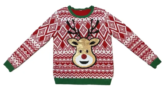 Ugly Christmas Sweater Rudolf Sequin Changing Face Heart Holiday Party Womens L