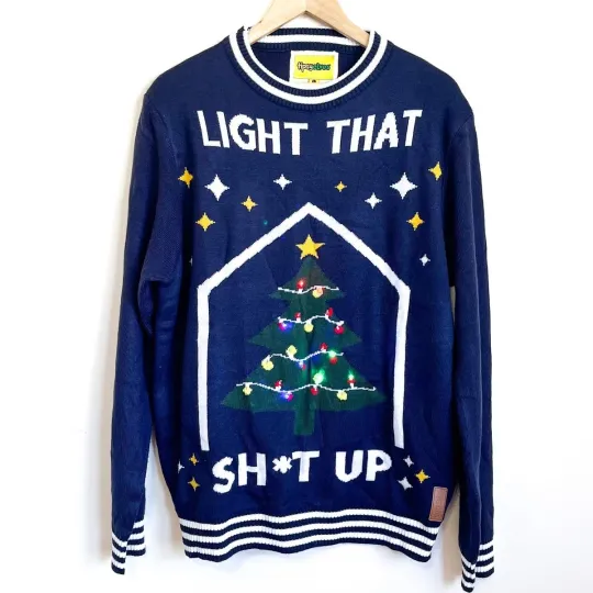 Discover Tipsy Elves Ugly Christmas Sweater Women Large Blue Light That Sh*t Up Tree Lit