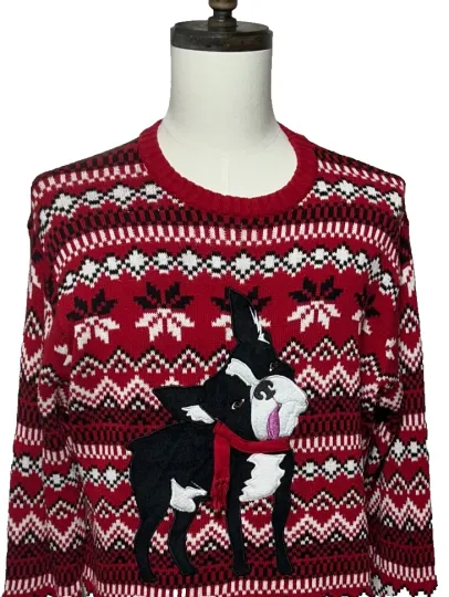 33 Degrees Sweater Mens Large Red Black Bulldog Ugly Christmas Long Sleeve
