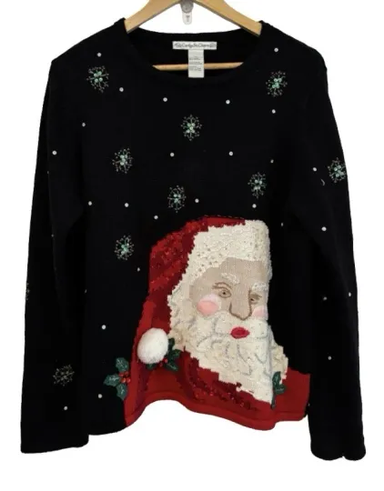 Y2K Ugly Christmas Swtr W Santa Face WM XL Blk & Red Holiday Ugly