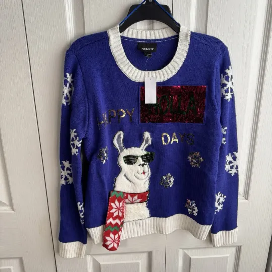 Discover Joe Boxer Happy Holla Days Llama Sequins Ugly Christmas Sweater Jrs Size M NEW