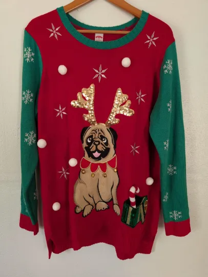 Discover Holiday Time Pug Womens Christmas Sweater Bells Party Ugly Size 2XL 18w~20w