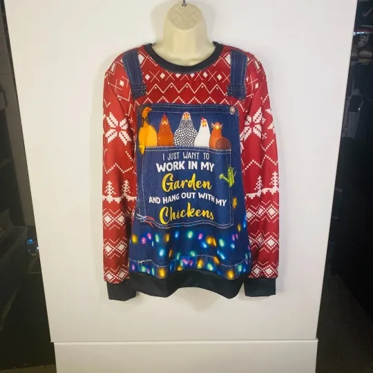I Just Want Garden Chicken  Ugly Christmas Sweater Farmer Overalls Sweatshirt L